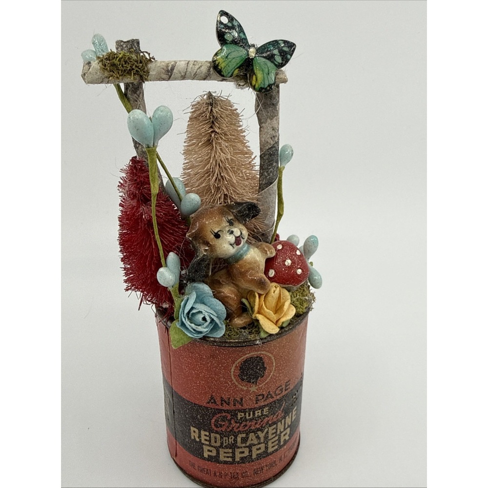 Miniature Artisan Vignette Dog Mushroom Butterfly Kitschy 6" Tall Cayenne‎ Jar
